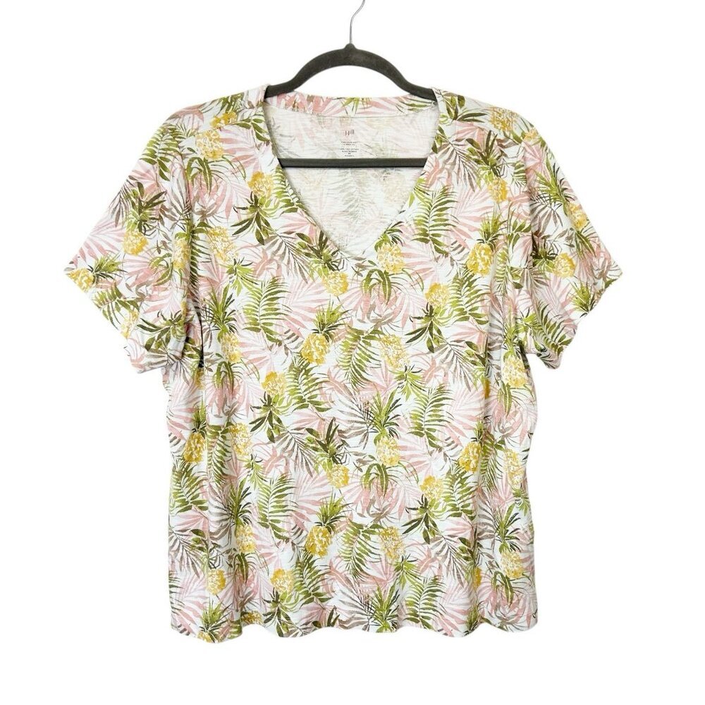 J Jill Pima‎ Cotton Tee Womens Size 4X Tropical V-Neck Top